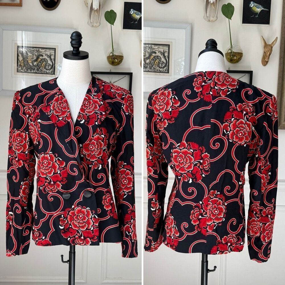 Vintage 80s Gloria Sachs Bergdorf Goodman Silk Red Floral Blazer 8